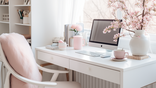 organized pink cherry blossom themed office working desk