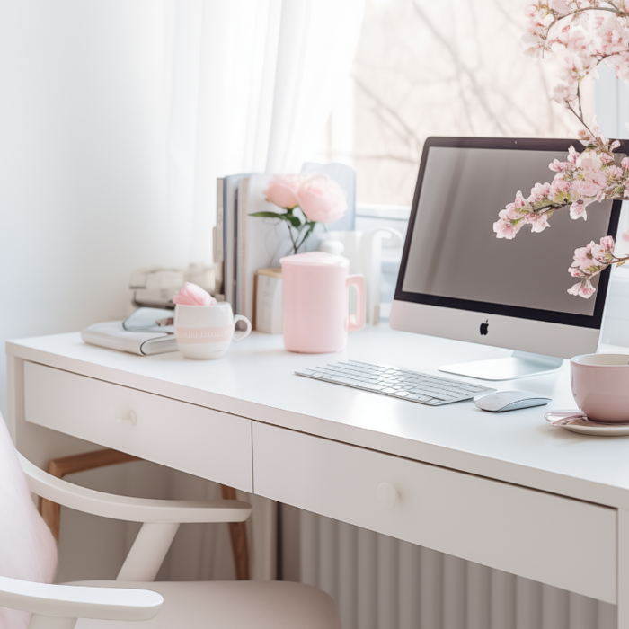 organized pink cherry blossom themed office working desk
