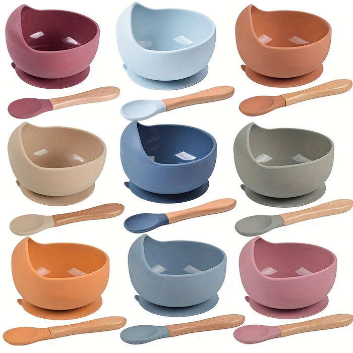 1set Baby Feeding Bowl And Spoon Set, Silicone Baby Bowl Suction Cup With Wooden Spoon Silicone Suction Base Non Slip Baby First Feeding Kit Gift For Toddler Children Girls Boys, Halloween, Thanksgiving, Christmas Gift