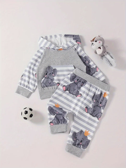 2pcs Baby Boy Baby Elephant Cartoon Print Comfortable Long Sleeve Hooded Top + Stitched Stripes Baby Elephant Full Print Trousers Two Sets, for Outdoor