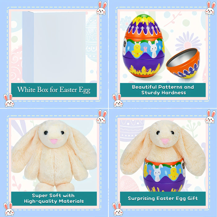 Prefilled Easter Eggs of Stuffed Animals Toys Metal Easter Eggs Filled with Plush Bunny Easter Egg Hunt Basket Stuffers for Kids