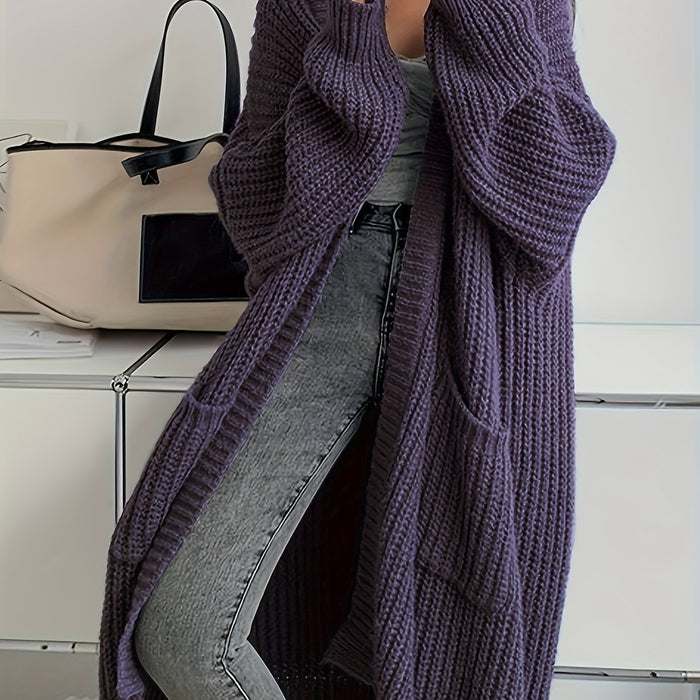 Women's Solid Color Open Front Knitted Cardigan, Long Sleeve, Spring/Fall Casual Wear