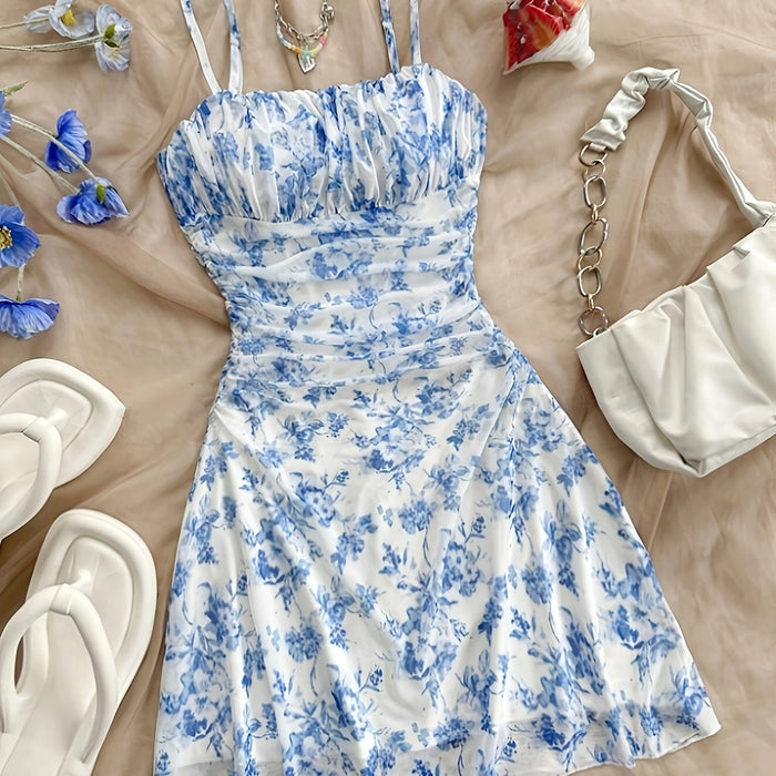 [New Floral Print Elegant Dress] Women's New Floral Print Halter Dress Fashionable Elegant Suitable for All Seasons