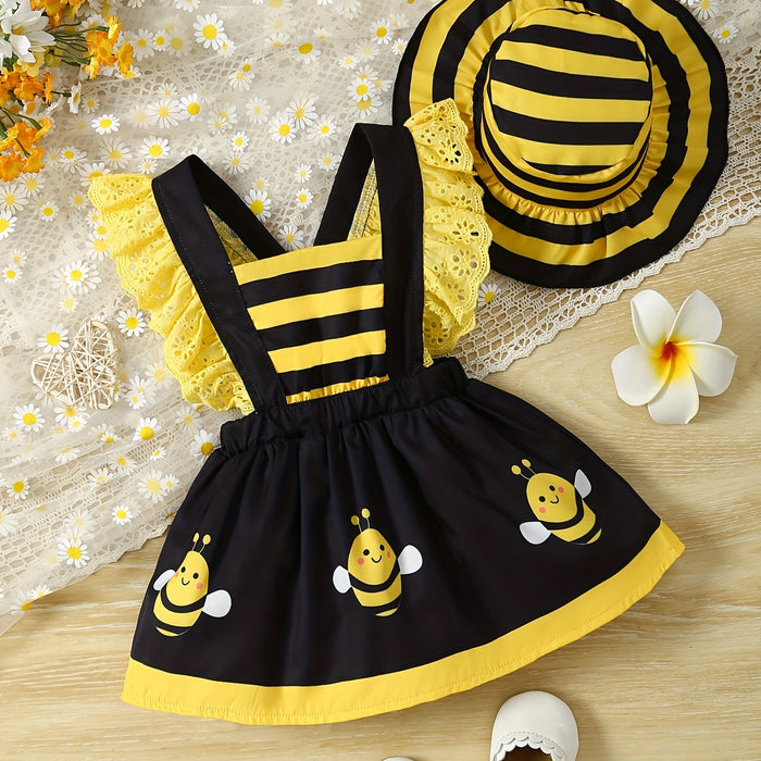 [Ladybug Summer Dress Set] 2pcs Little Bee Ladybug Summer Dress - Striped Full-Print Exposed Back Spliced for Lotus Lace Adjustable Suspender + Sun Hat Set