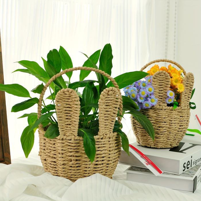 [Set of 2 Rustic Wicker Baskets] Metabest Bunny Ears Shaped Wicker Storage Baskets, Set of 2, Rustic Multipurpose Opened Shelf Baskets with Window-View Design for Gifts, Home Organization, Easter, Halloween, Christmas