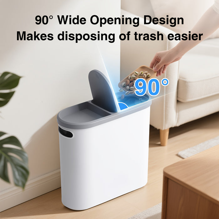 White trash bin with a 90-degree wide opening design, shown in a living room setting.