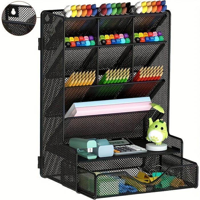 [1 Pcs Multi-Functional Organizer] 1 Pcs Pen Organizer for Desk, Multi-Functional Desk Organizer, Wall Mount Pen Holder with Drawer for School, Office, Home, Art Supplies, Black
