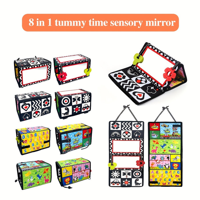 Baby Tummy Time Mirror - Early Learning Sensory Stimulation, Safe Materials, Car Seat Back Hanging Toy, Foldable Infant Black and White Cognitive Mirror - Gift