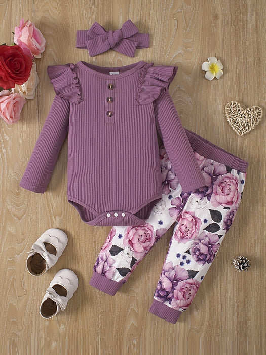 Baby Girl's Casual Fashion Outfit, Long Sleeve Triangle Romper + Floral Print Trousers Set, Outdoor Cloth