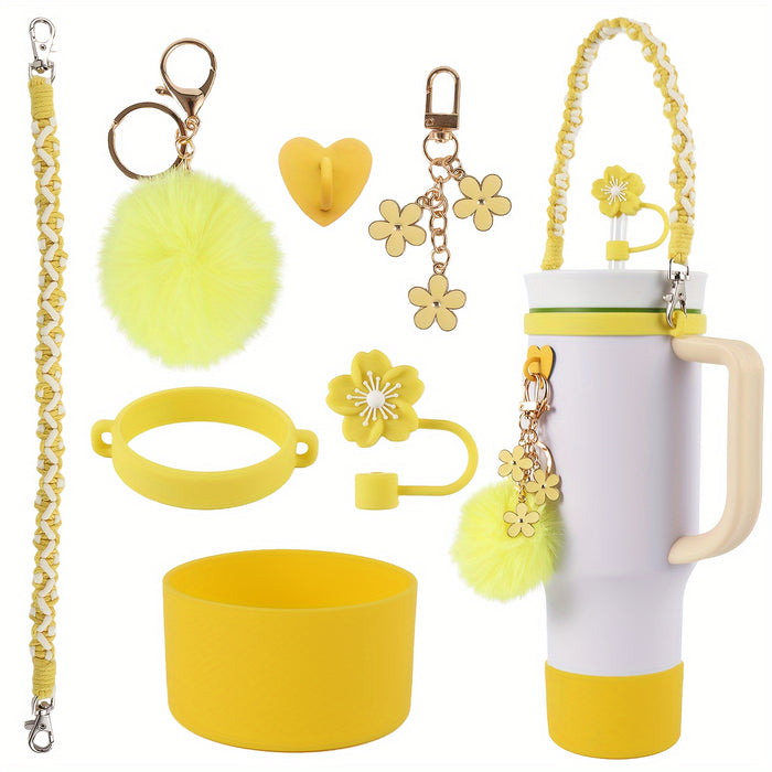 Handwoven Carrying Strap for Water Bottles, Sports Cup Handle, Silicone Bottom Protective Sleeve, Straw Lid Accessories for Cups.