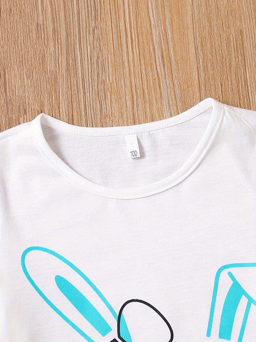 2pcs Toddler Girls Easter Cartoon Bunny Graphic T-Shirts Round Neck Short Sleeve Tees Top & Elastic Waist Belted Stripe Shorts Set Kids Summer Outdoor Clothes