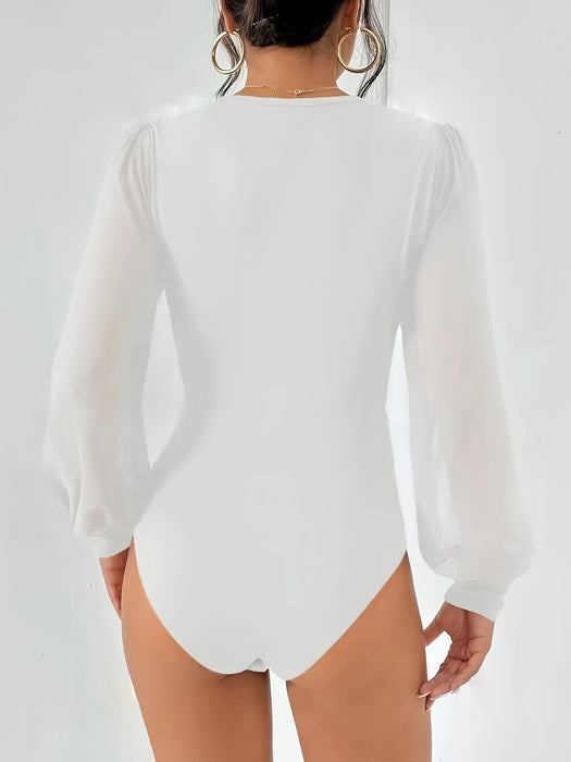 [Elegant Bodysuit] Elegant Long Sleeve Solid Crew Neck Bodysuit, Women's Clothing For Spring & Fall