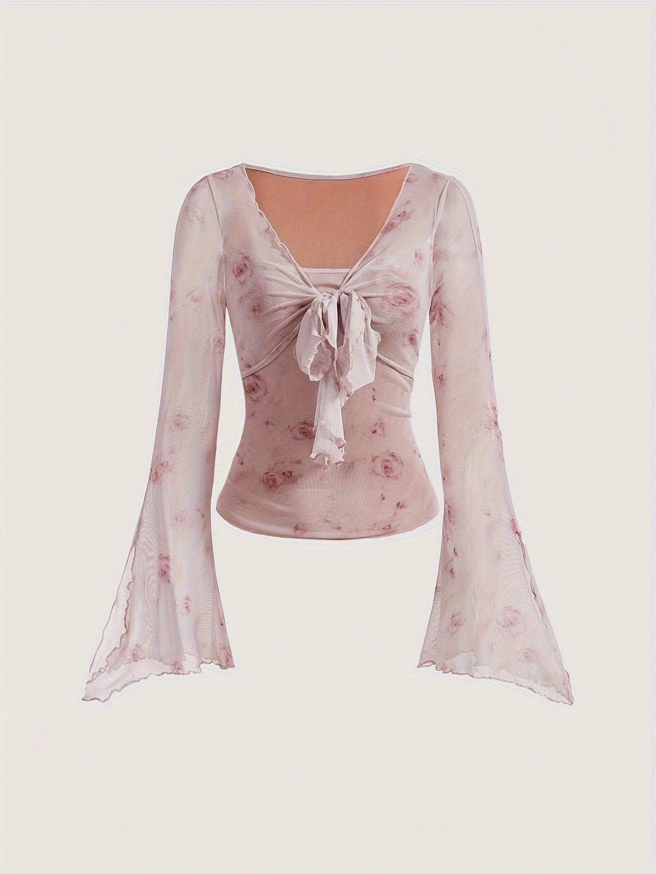 Stylish Floral Print Knot Front Slim Fit T-Shirt - Women's Elegant Flare Sleeve T-Shirts for Spring & Fall - Casual, Comfortable, and Versatile Clothing for Ladies