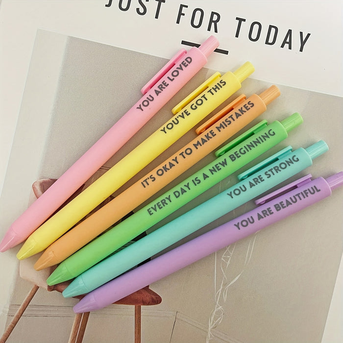 6-pack Inspirational Quote Rollerball Pens - 6-Pack, Medium Point, Black Ink, Rubber Grip, Ambidextrous, Pocket Clip for Journaling and Writing