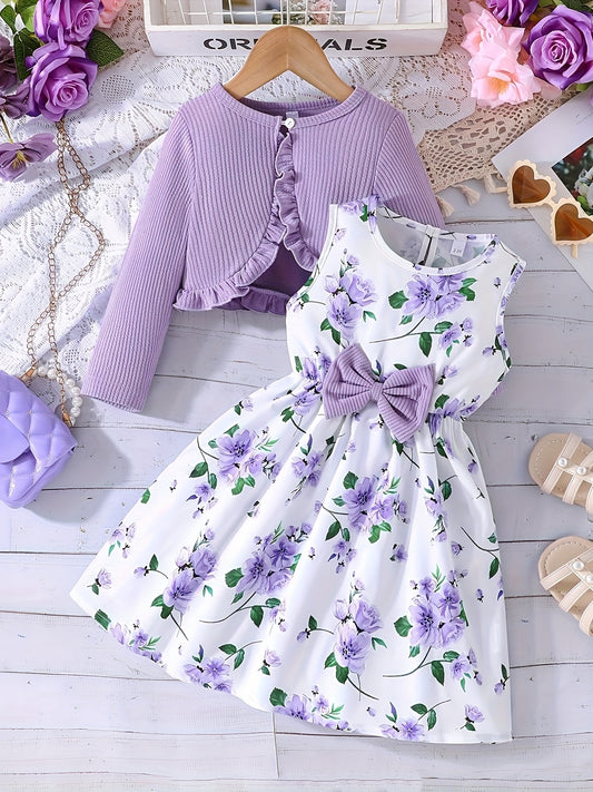 2pcs Set Girls' Elegant Floral Print Bow Decorative Sleeveless Round Neck Dress + Solid Color Pleated Jacket Set, Perfect Choice for Spring, Summer, Autumn, Perfect for Gifts, Festive Parties, for Outdoor