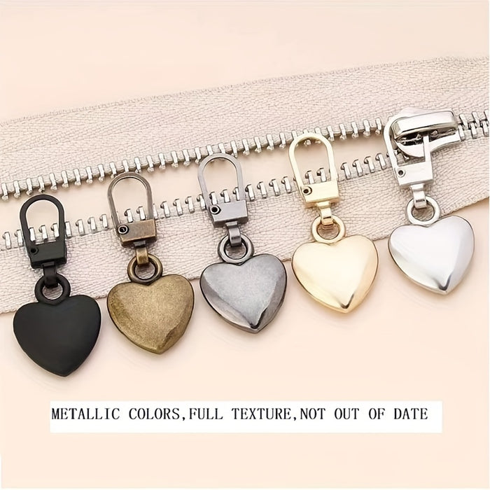 5 Versatile Heart-shaped Golden Accessories With Small Holes, Semi-automatic Head Pull Pieces That Can Be Disassembled, Suitable For Replacing Zipper Heads On Bags, Jackets, Clothes, Shoes, And Boots, As Well As Pendant Zippe