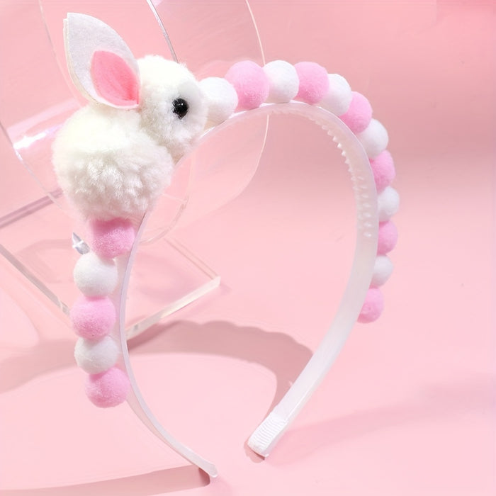 1pc Adorable Fluffy Rabbit Headband for Girls, Pink Polyester Bunny Hair Hoop with Pom Pom, Non-Woven Fabric, Sweet Hair Accessory for Easter Party