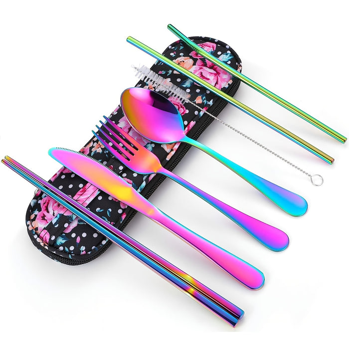 Stainless Steel Travel Utensils Set, Reusable To Go Flatware with Geometric Pattern, Polished Finish, Waterproof Carrying Case, Portable Cutlery for Lunch Box, Camping, School, Picnic