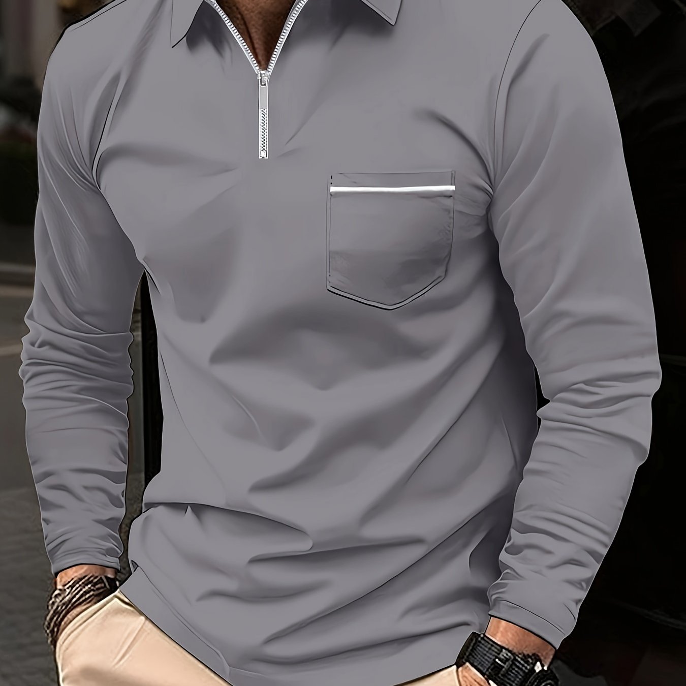 Men's Casual Long Sleeve Zipper Lapel Shirt with Chest Pocket, Spring/Fall Outdoor Wear
