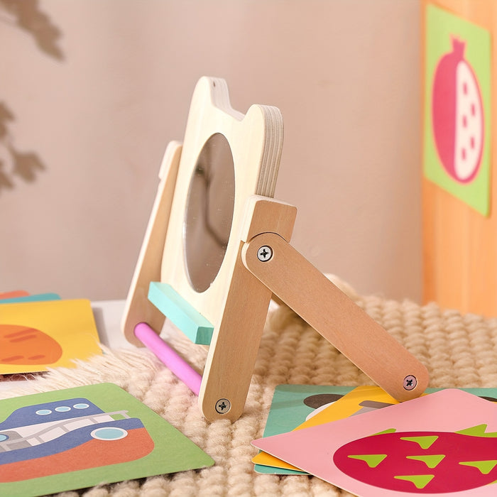 [Creative Shelf for Early Learning] Creative Wooden Mirror Display Shelf, With Cards, Educational Early Education Cognitive Learning Board, As Halloween, Christmas Gifts