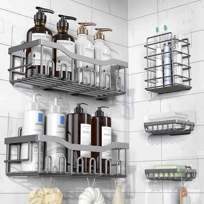 Adhesive Shower Caddy, 5 Pack Rustproof Stainless Steel Bath Organizers With Large Capacity, No Drilling Shelves For Bathroom Storage & Home Decor