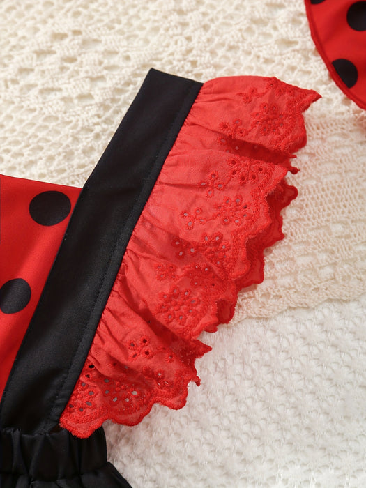 [Ladybug Summer Dress Set] 2pcs Little Bee Ladybug Summer Dress - Striped Full-Print Exposed Back Spliced for Lotus Lace Adjustable Suspender + Sun Hat Set