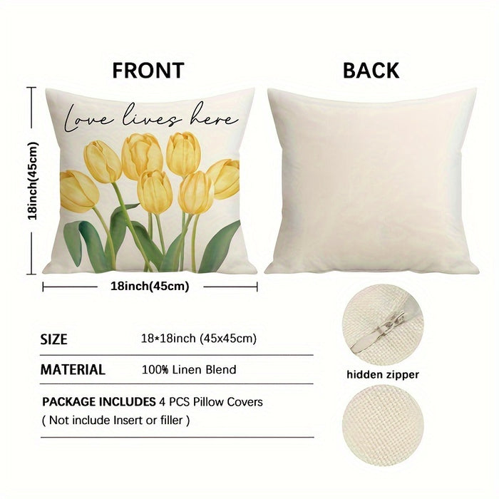 [4pcs Hello Sunshine Pillow Covers] 4pcs Spring Pillow Covers 18x18 Inch Hello Sunshine Tulip Throw Pillow Covers Spring Summer Farmhouse Decorations Yellow Bike Flowers Cushion Covers For Sofa Couch Home Decor, Room Decor, O