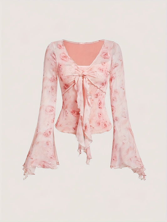 Stylish Floral Print Knot Front Slim Fit T-Shirt - Women's Elegant Flare Sleeve T-Shirts for Spring & Fall - Casual, Comfortable, and Versatile Clothing for Ladies
