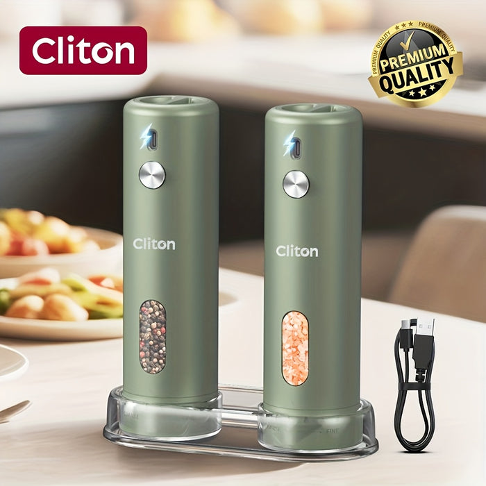 Electric Pepper Grinder Rechargeable, Automatic Salt and Pepper Mills Set with 3.72oz Container, External Adjustable Coarseness, White LED Light and One-Handed Operation for Kitchen, Outdoor, BBQ & Gift Giving