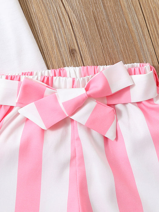2pcs Toddler Girls Easter Cartoon Bunny Graphic T-Shirts Round Neck Short Sleeve Tees Top & Elastic Waist Belted Stripe Shorts Set Kids Summer Outdoor Clothes