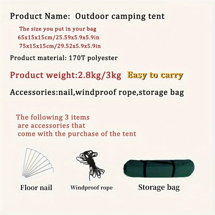 Easy Setup 2-3 Person Camping Tent - Windproof, UV Protection, Portable & Waterproof for Family Outings, Hunting & Hiking - Green