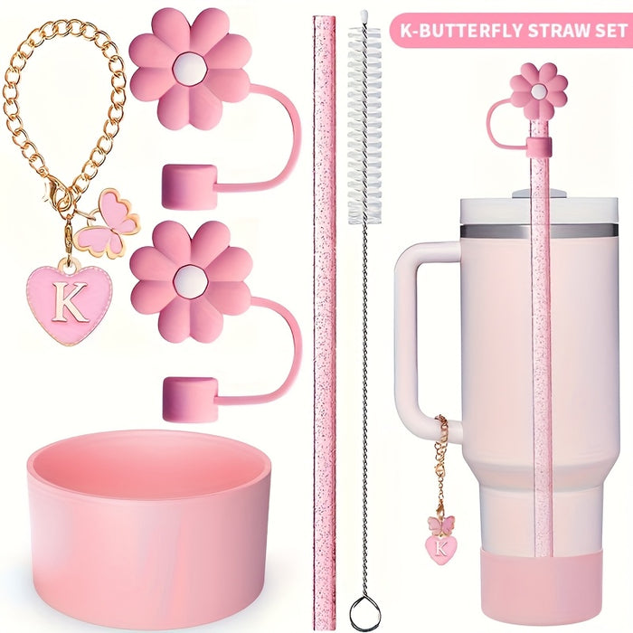 1 set of 6pcs, A, M Letter Butterfly Love Pendan Cup Accessories Set for Cup 30 OZ And 40 OZ Tumbler with Handle, Including Straw Topper Cover Cap And Boot, Straw, Cleaning Brushe, Straw - Reusable, flower camping Outdoors, O