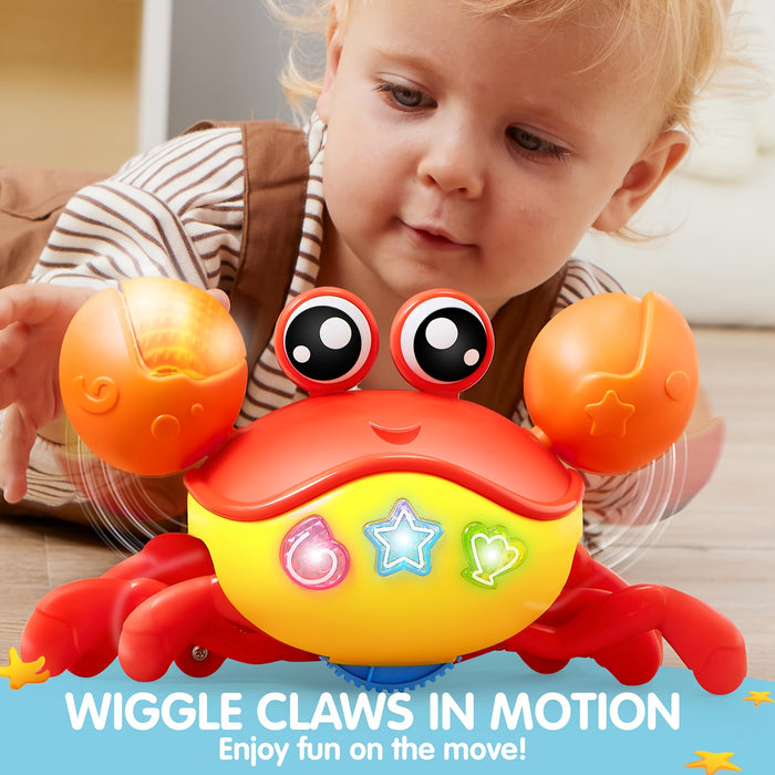Crawling Crab Baby Toy - Tummy Time Toy, Interactive Big Crab Toy with Intelligent Sensor, Lights Buttons, Dancing Crab Auto-Avoiding Obstacles, Gift for Toddlers