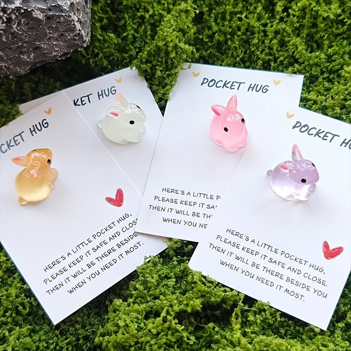 10 Cute Glow-in-the-Dark Easter Bunny Pocket Hugs with Motivational Cards, Personalized Resin Charms, Perfect for Birthdays and Weddings
