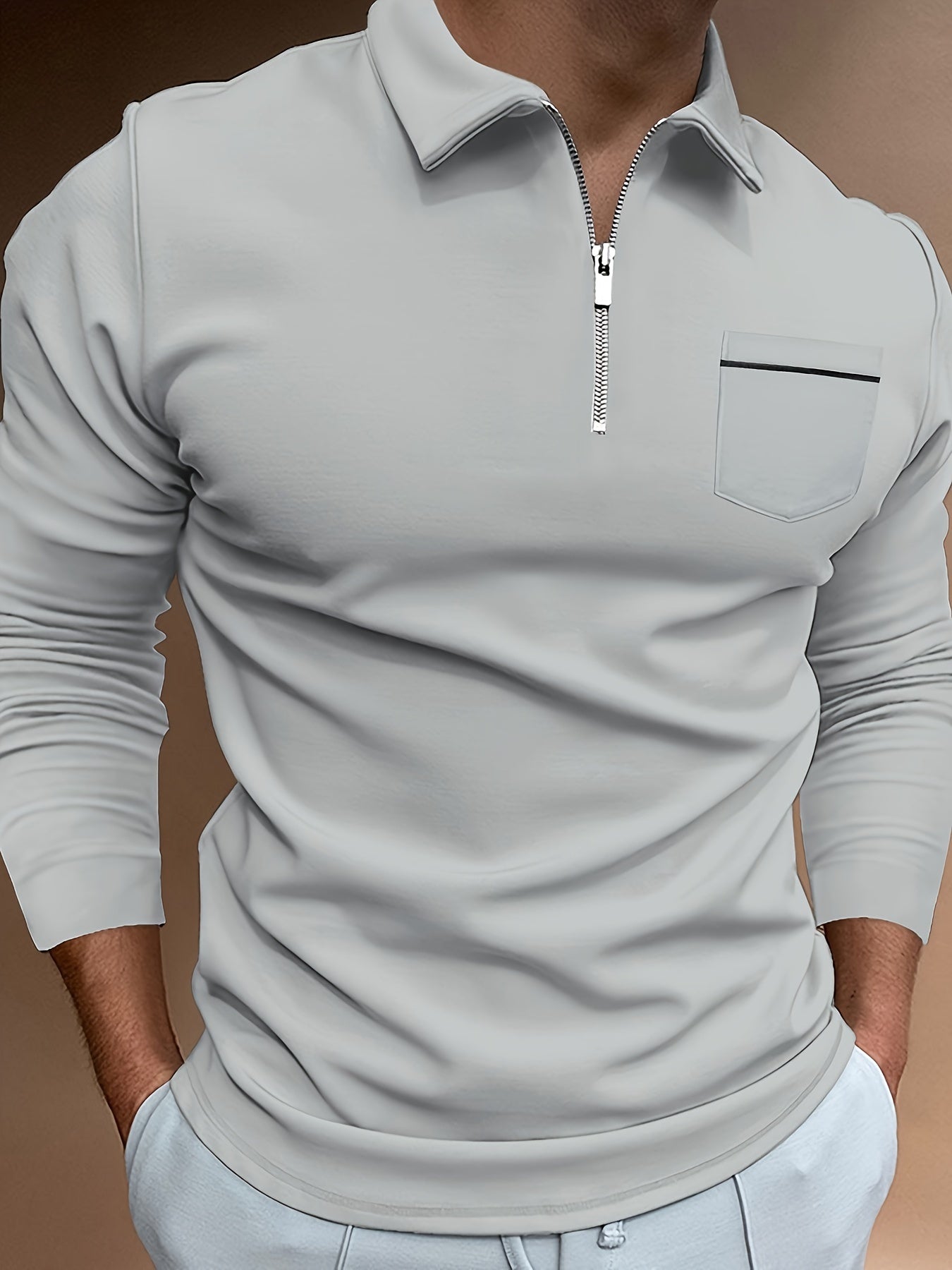 Men's Casual Long Sleeve Zipper Lapel Shirt with Chest Pocket, Spring/Fall Outdoor Wear