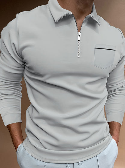 Men's Casual Long Sleeve Zipper Lapel Shirt with Chest Pocket, Spring/Fall Outdoor Wear