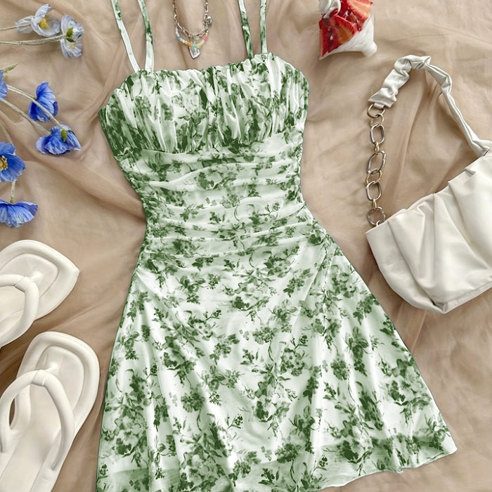 [New Floral Print Elegant Dress] Women's New Floral Print Halter Dress Fashionable Elegant Suitable for All Seasons