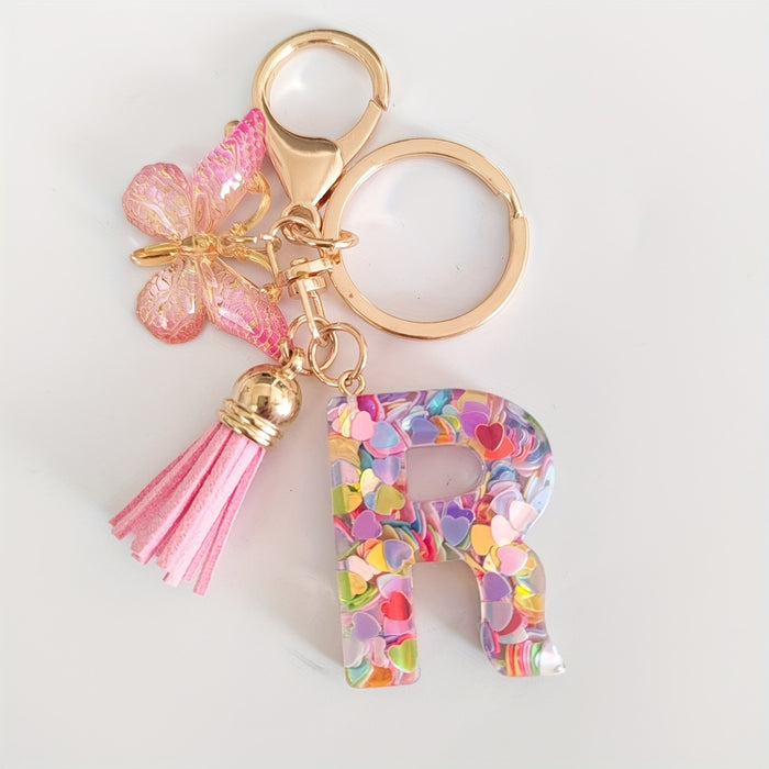 1pc Creative English Letter Pendant Keychain For Girls, Pink Sequin Drop Glue Butterfly Key Chain For Girls, Bag Car Key Ornament Christmas Gift