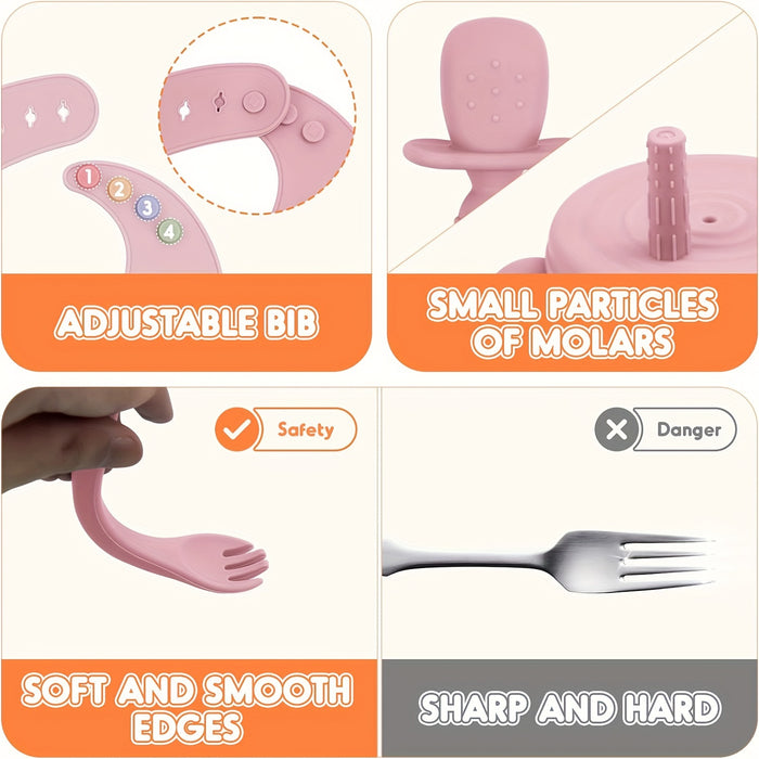 10-Piece BPA-Free Silicone Toddler Feeding Set - Pink Animal Print, Includes Suction Cup Dividers, Spoon, Fork, Straw Cup, Bib - Microwave & Oven Safe - For Baby Led Weaning - Perfect Gift for New Parents