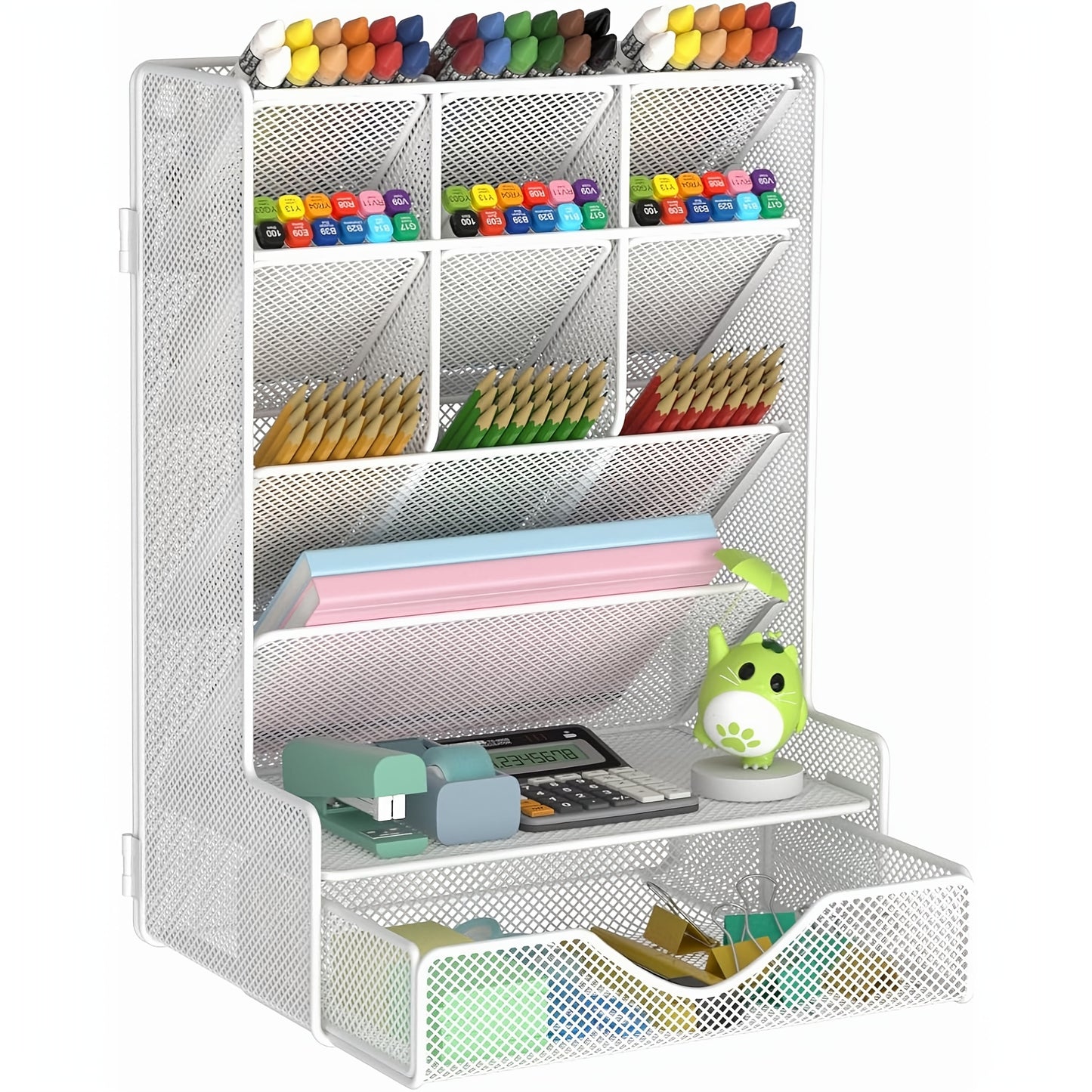 [1 Pcs Multi-Functional Organizer] 1 Pcs Pen Organizer for Desk, Multi-Functional Desk Organizer, Wall Mount Pen Holder with Drawer for School, Office, Home, Art Supplies, Black