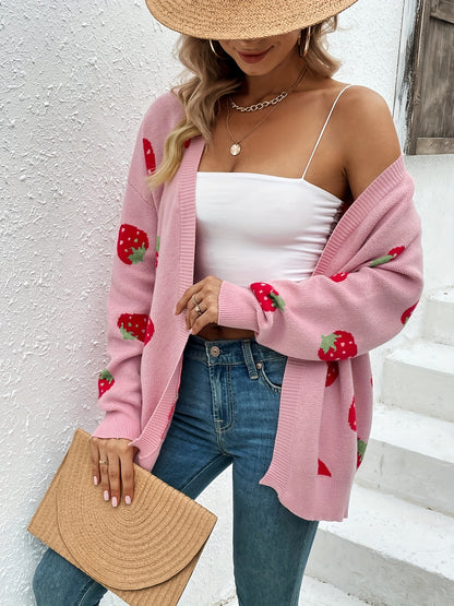 Strawberry Print Open Front Cardigan, Long Sleeve Elegant Cardigan for Spring & Fall, Women's Clothing