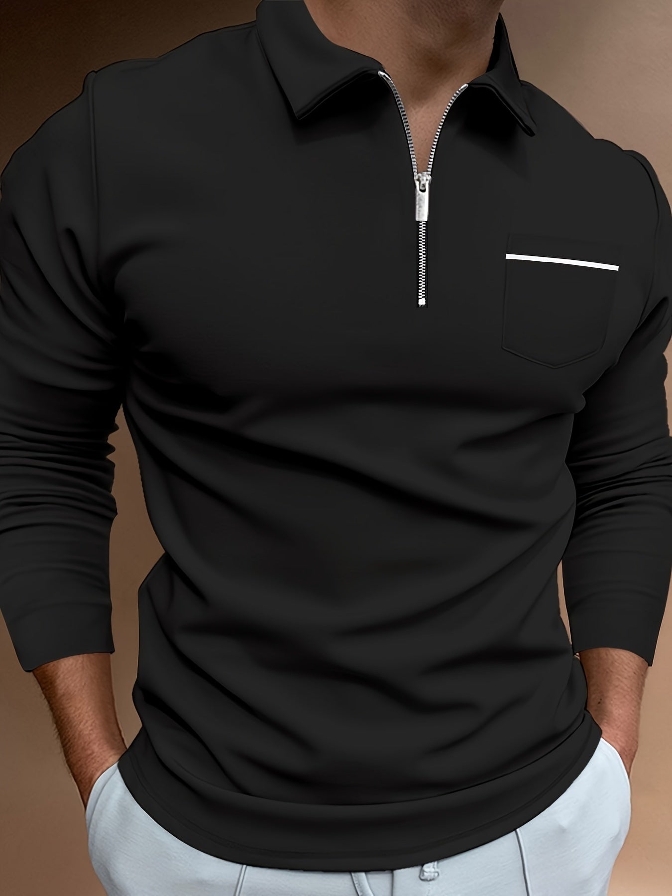Men's Casual Long Sleeve Zipper Lapel Shirt with Chest Pocket, Spring/Fall Outdoor Wear