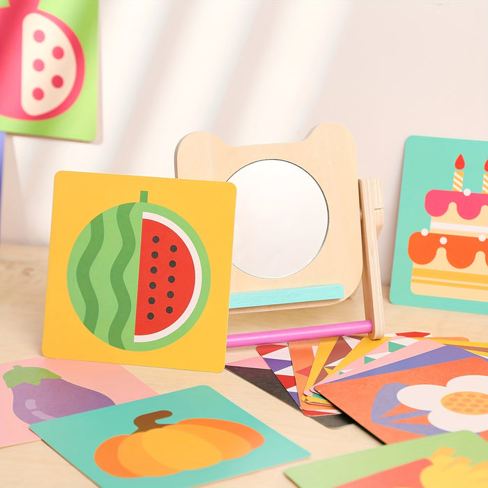 [Creative Shelf for Early Learning] Creative Wooden Mirror Display Shelf, With Cards, Educational Early Education Cognitive Learning Board, As Halloween, Christmas Gifts