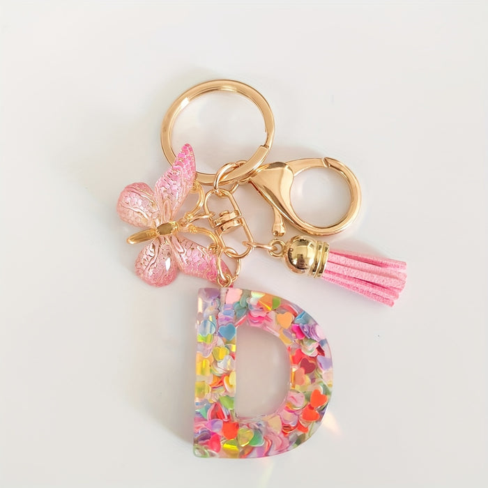 1pc Creative English Letter Pendant Keychain For Girls, Pink Sequin Drop Glue Butterfly Key Chain For Girls, Bag Car Key Ornament Christmas Gift