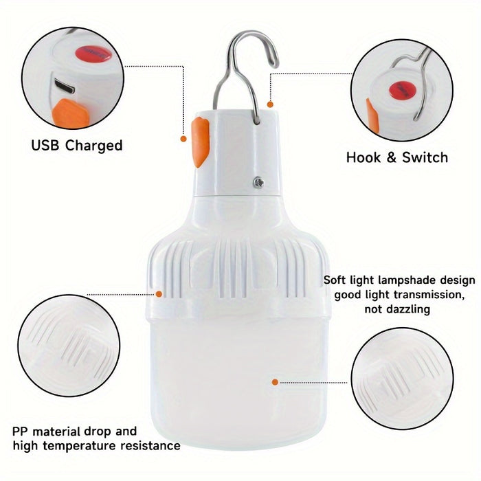 Outdoor USB Rechargeable Flashlight, LED Bulb, Portable Lantern Night Light, High Brightness Lamp, Camping Handheld Light with Hook, Suitable for Emergencies, Exploration, Camping, And Fishing.