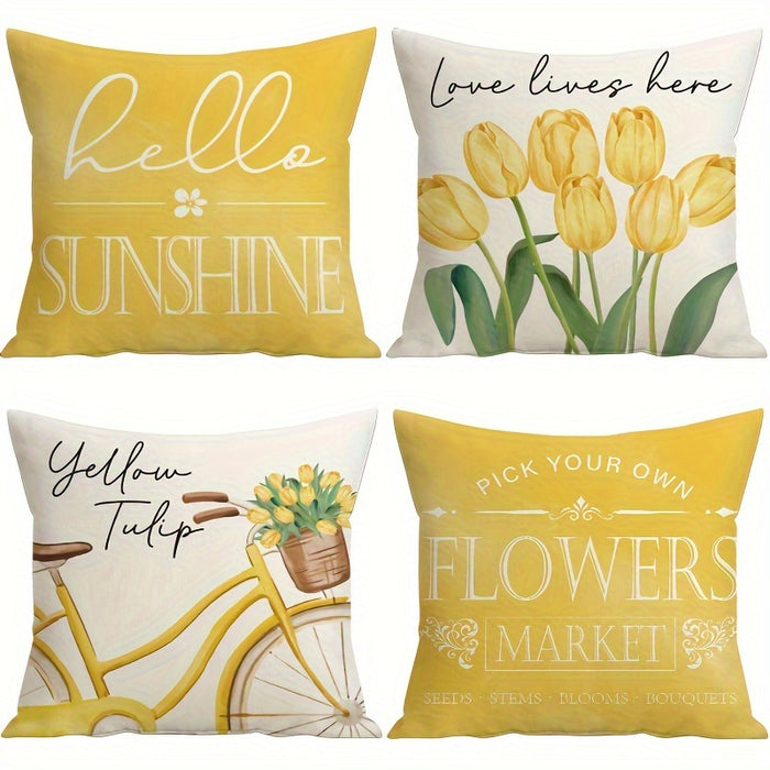 [4pcs Hello Sunshine Pillow Covers] 4pcs Spring Pillow Covers 18x18 Inch Hello Sunshine Tulip Throw Pillow Covers Spring Summer Farmhouse Decorations Yellow Bike Flowers Cushion Covers For Sofa Couch Home Decor, Room Decor, O