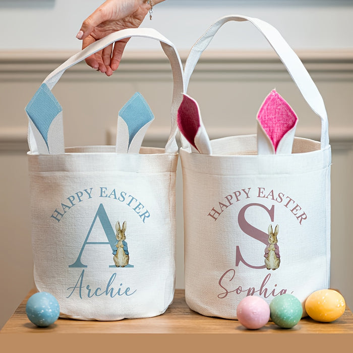 Customized Burlap Easter Basket with Bunny Handles - Personalized Easter Egg Hunt Tote - Festive Easter Party Bag for Emilia