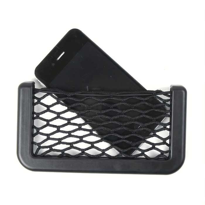 Adjustable Car Storage Net Pocket - Sleek Black, Easy Install for Phone & Cards