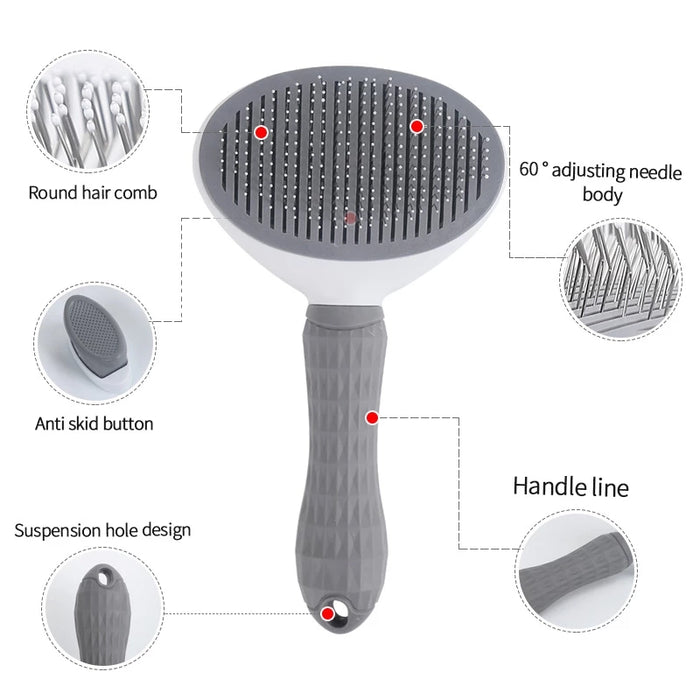 Self-Cleaning Pet Grooming Brush for Dogs & Cats - Easy Hair Removal Comb with Soft Bristles, Durable Plastic Handle in Gray/White/Pink - Ideal for All Breeds, Dog Grooming