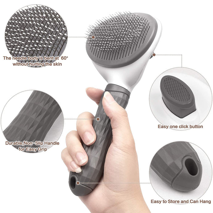 Self-Cleaning Pet Grooming Brush for Dogs & Cats - Easy Hair Removal Comb with Soft Bristles, Durable Plastic Handle in Gray/White/Pink - Ideal for All Breeds, Dog Grooming